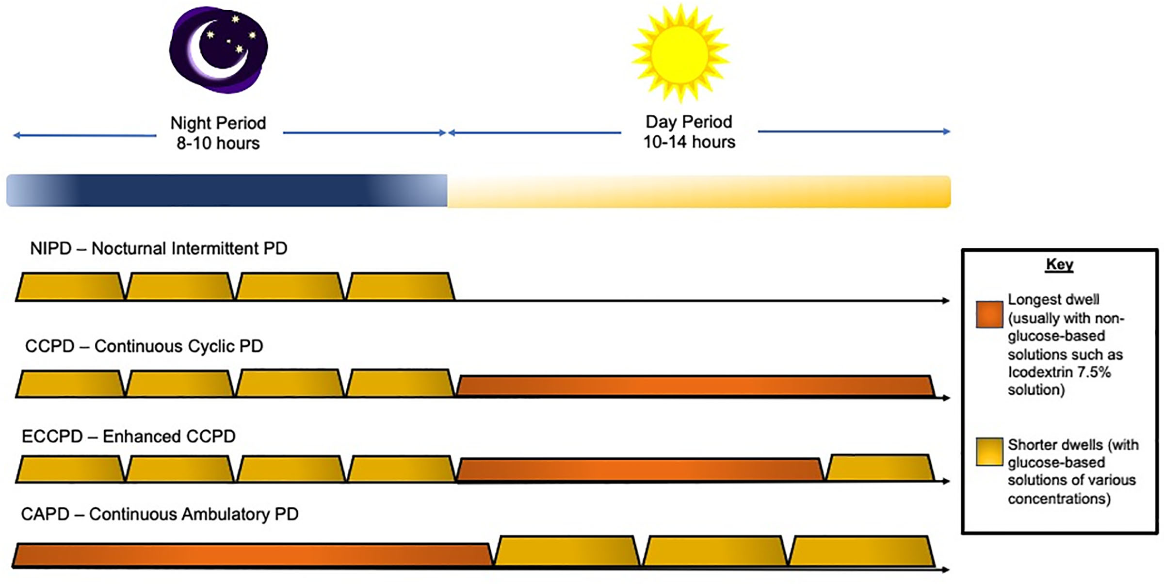 Infographic comparing CAPD and APD including number of exchanges, timing, cycler requirements, and lifestyle considerations
